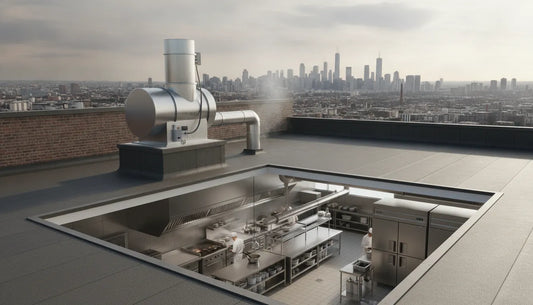 Commercial kitchen exhaust fan installation on a restaurant roof