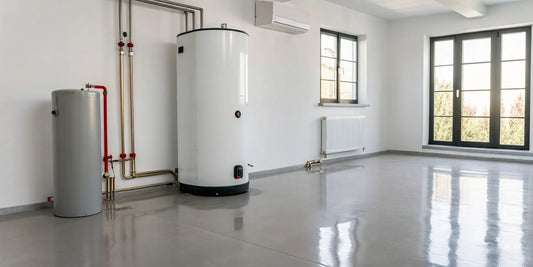A new heat pump water heater being installed and connected to water lines.