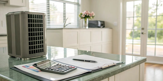 Calculating the total AC unit cost with a calculator and paperwork next to a new air conditioner.