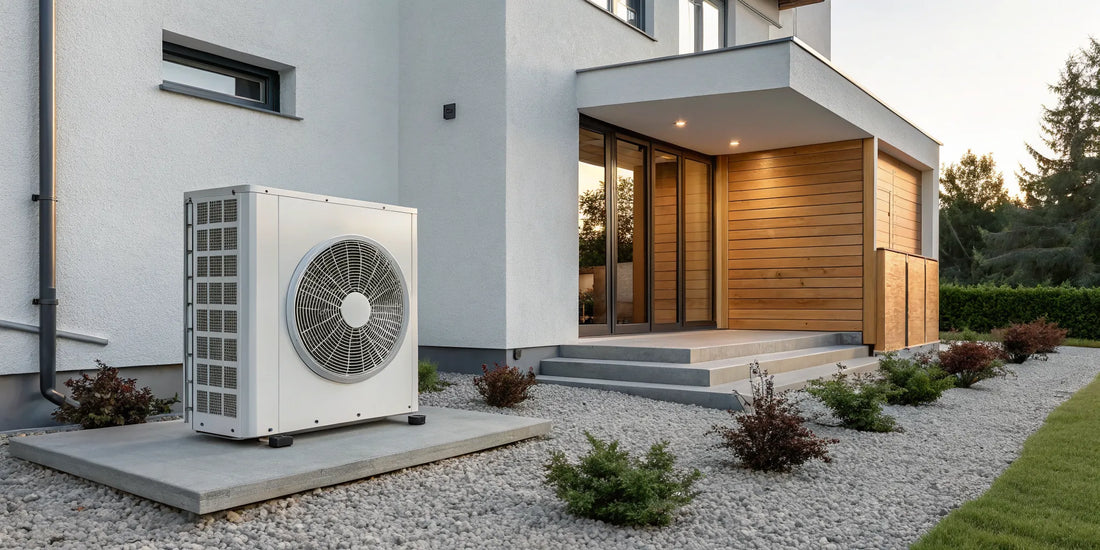 Air source heat pump outdoor unit installed beside a modern home.