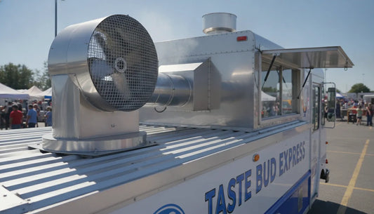 Upblast exhaust fan mounted on a food truck roof for commercial kitchen ventilation