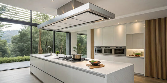 Modern kitchen with a sleek ceiling mount range hood above a central island cooktop.