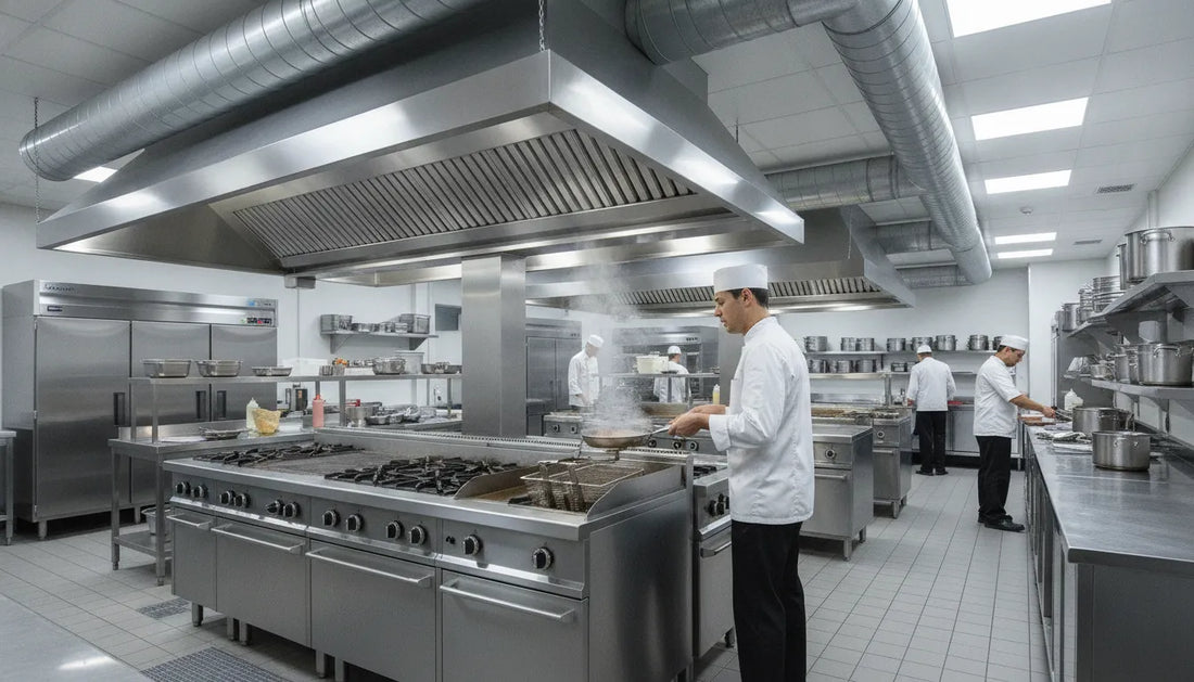 Commercial kitchen with stainless steel exhaust hood and ventilation equipment