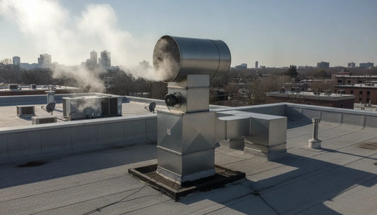 Commercial kitchen upblast exhaust fan installation on a restaurant roof