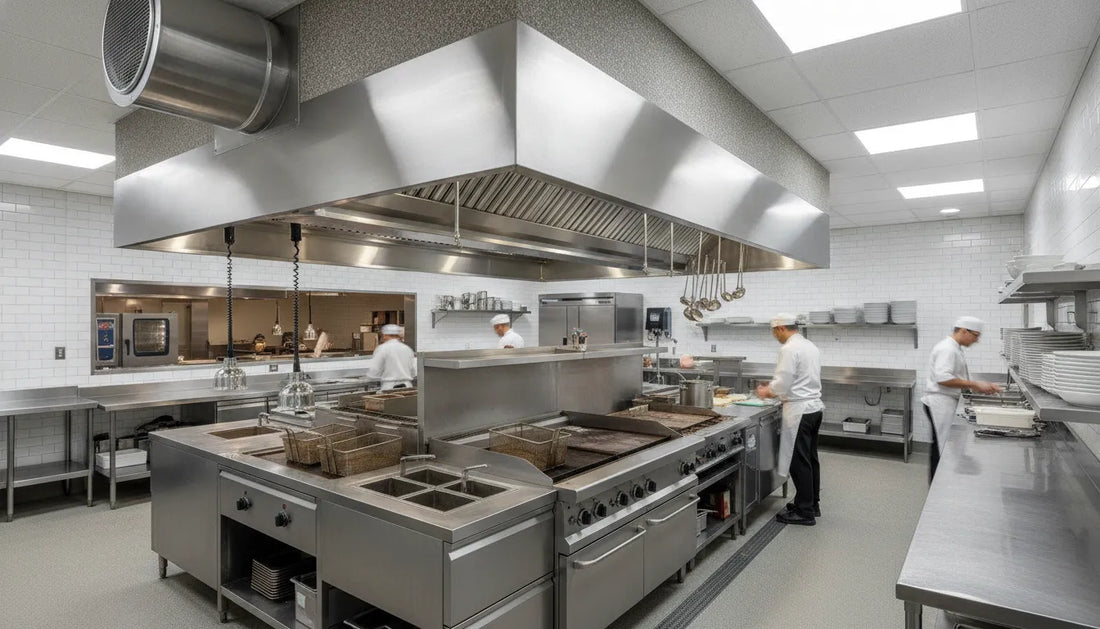 Commercial kitchen exhaust fan installed on a restaurant roof above a professional cookline