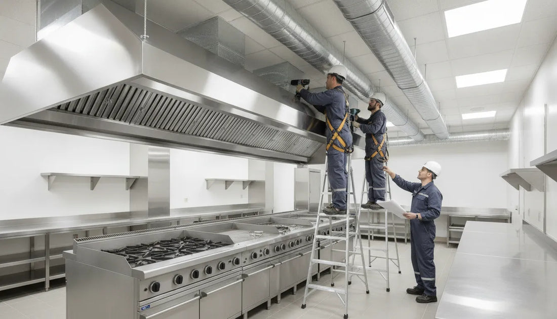 HVAC contractors installing a stainless steel commercial kitchen exhaust hood above a cooking line