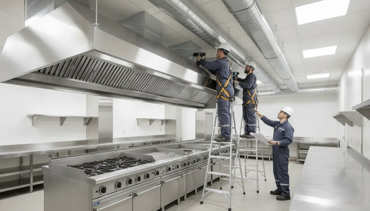 HVAC contractors installing a stainless steel commercial kitchen exhaust hood above a cooking line