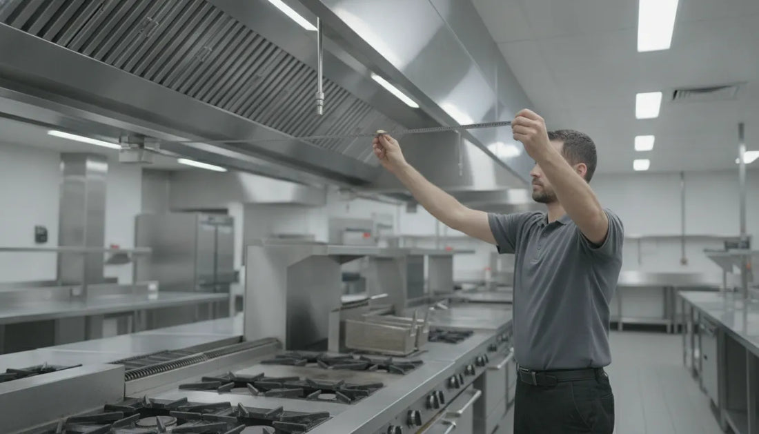 Technician measuring a stainless steel commercial kitchen ventilation hood across a cookline