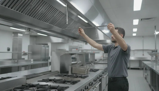 Technician measuring a stainless steel commercial kitchen ventilation hood across a cookline