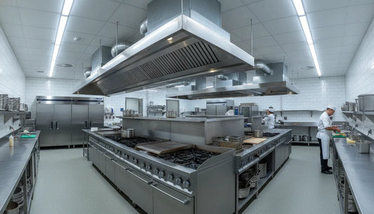 Commercial kitchen with stainless steel make-up air unit installed above cooking equipment