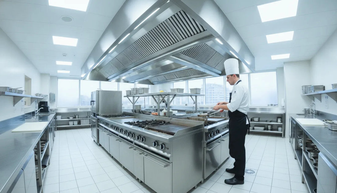 Modern commercial kitchen with a stainless steel Type 1 ventilation hood above a professional cooking line