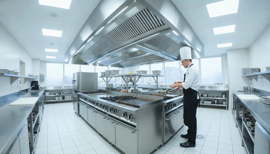 Modern commercial kitchen with a stainless steel Type 1 ventilation hood above a professional cooking line