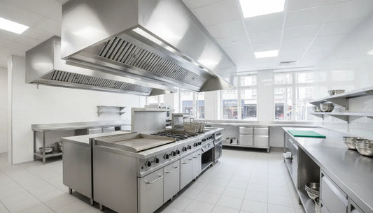 Modern commercial kitchen with stainless steel vent hood and exhaust fan system