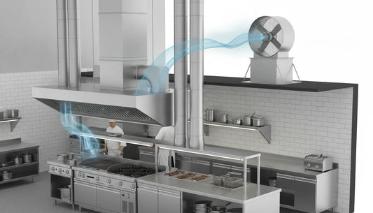 Commercial upblast exhaust fan installed on a restaurant roof in a commercial kitchen setting