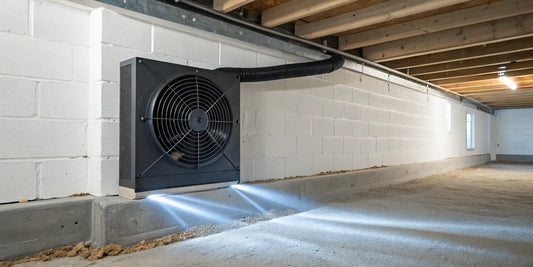 A crawl space exhaust fan installed in a foundation to remove moisture and improve ventilation.