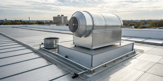 Direct drive upblast exhaust fan on a commercial rooftop.