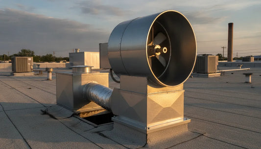 Commercial kitchen direct drive upblast exhaust fan mounted on a restaurant roof