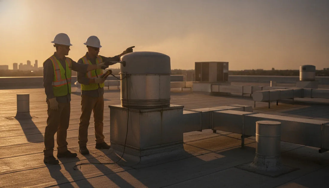 HVAC technicians inspecting an upblast exhaust fan on a commercial kitchen roof