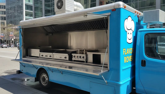 Food truck with commercial ventilation hood and exhaust fan on roof for safe mobile kitchen operation