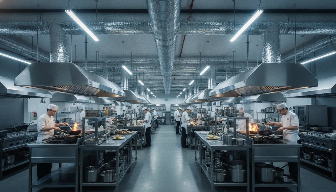 Multi-station ghost kitchen with commercial exhaust hoods and ventilation ductwork overhead