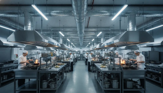 Multi-station ghost kitchen with commercial exhaust hoods and ventilation ductwork overhead