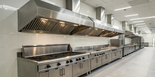 Commercial kitchen with a stainless steel type 1 hood for sale over cooking equipment.