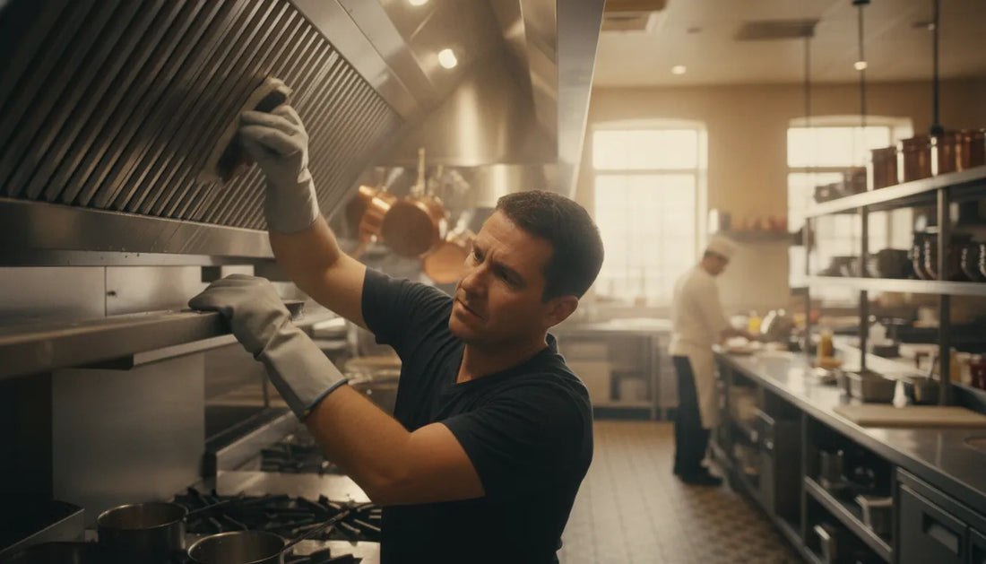 Professional technician cleaning a stainless steel commercial kitchen range hood and grease filter
