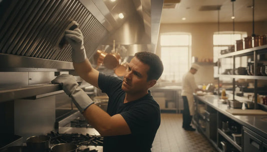 Professional technician cleaning a stainless steel commercial kitchen range hood and grease filter