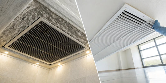 A dirty HVAC vent compared to a clean one after a professional vent cleaning service.