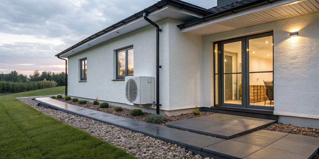 An air to water heat pump installed on a home for efficient heating and cooling.
