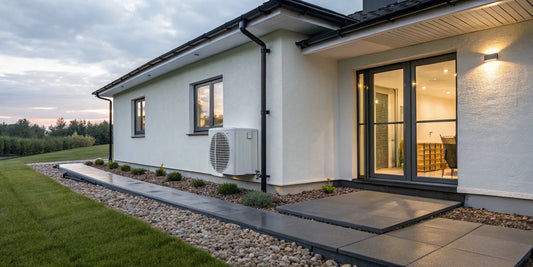 An air to water heat pump installed on a home for efficient heating and cooling.