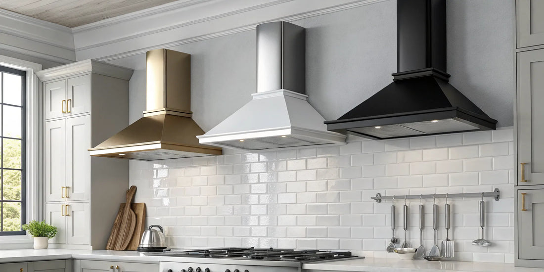 Three types of wall-mounted kitchen hoods in gold, white, and black.