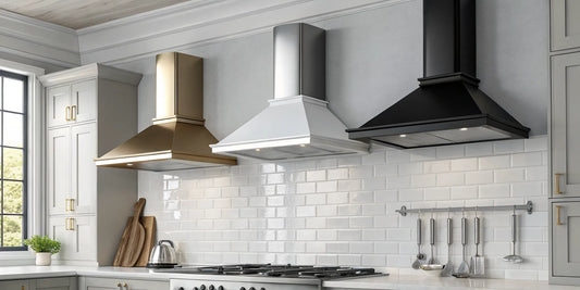 Three types of wall-mounted kitchen hoods in gold, white, and black.