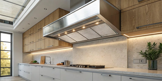 A makeup air unit for a stainless steel kitchen hood in a residential kitchen.