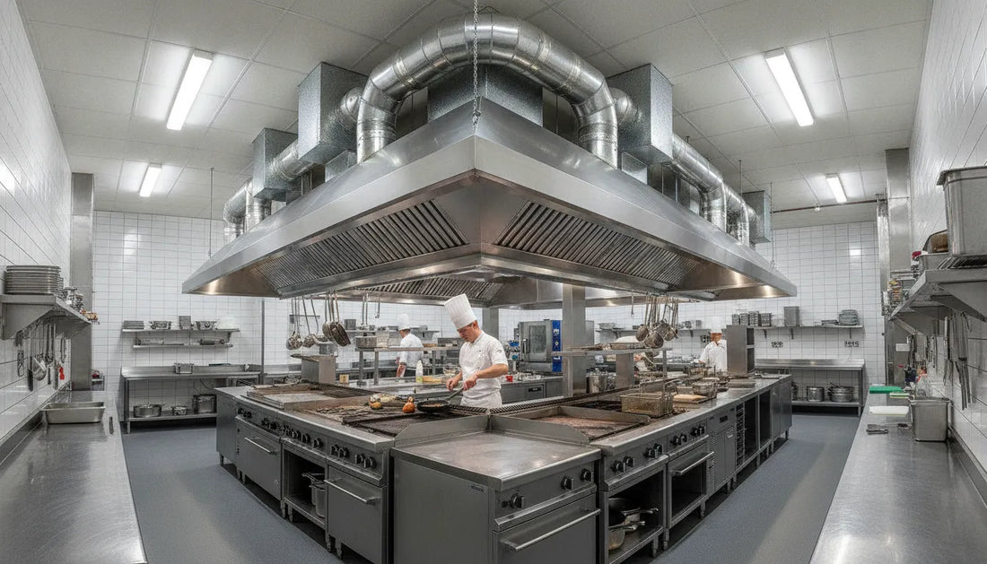 Commercial kitchen with stainless steel ventilation hood and exhaust system above cooking equipment