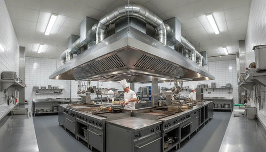 Commercial kitchen with stainless steel ventilation hood and exhaust system above cooking equipment