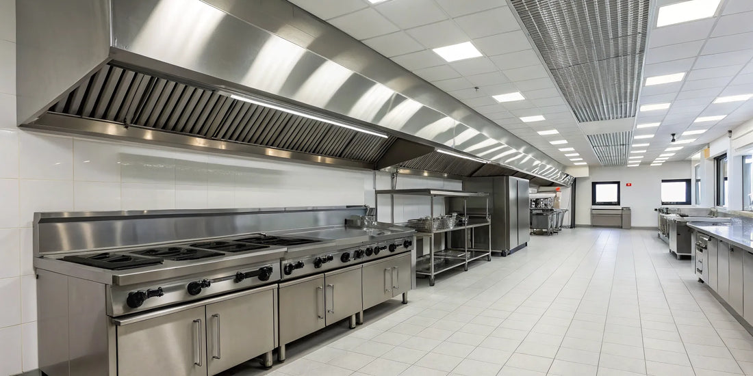 A stainless steel restaurant kitchen hood providing ventilation over a commercial cook line.
