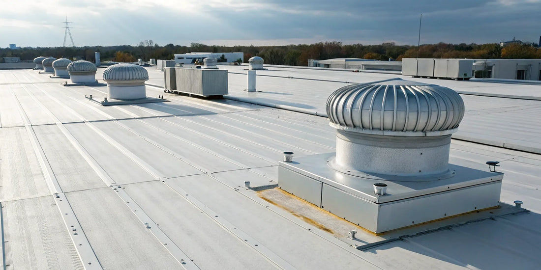 Commercial rooftop exhaust fans installed on a flat metal roof.