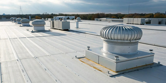 Commercial rooftop exhaust fans installed on a flat metal roof.