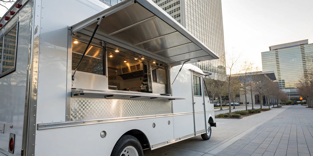 A food truck with a commercial exhaust fan on its roof.