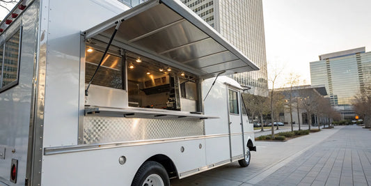 A food truck with a commercial exhaust fan on its roof.