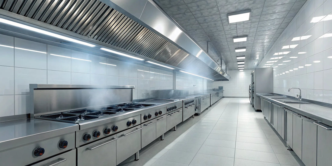 A commercial restaurant ventilation system with a stainless steel hood over a professional cooking line.