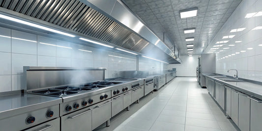 A commercial restaurant ventilation system with a stainless steel hood over a professional cooking line.