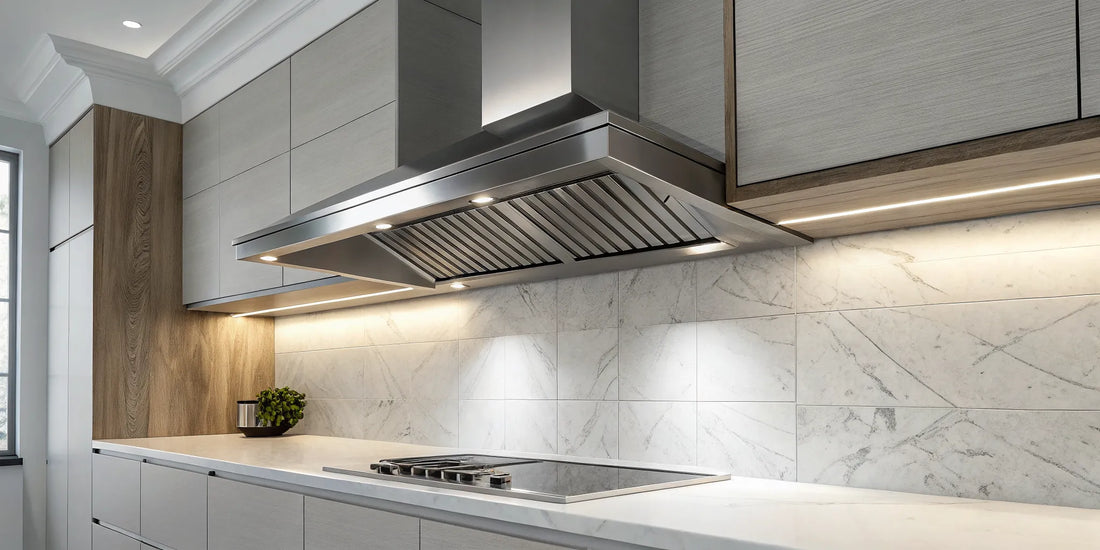 Modern stainless steel vent hood with lights installed over a kitchen cooktop.