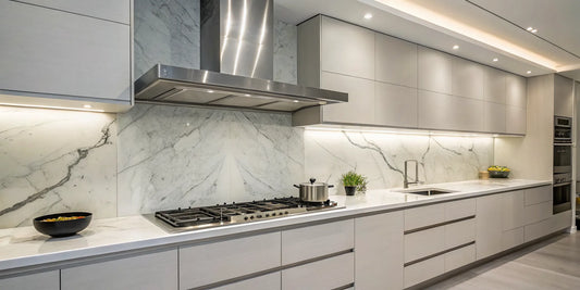 An 8 foot stainless steel commercial kitchen hood installed above a cooking line.