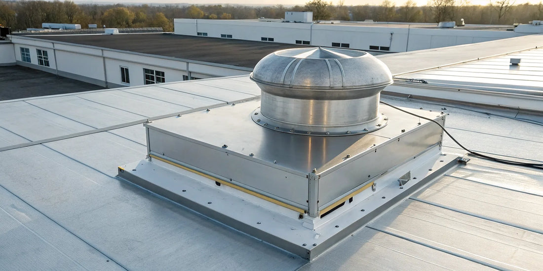 Commercial kitchen roof exhaust fan on a rooftop for grease ventilation.