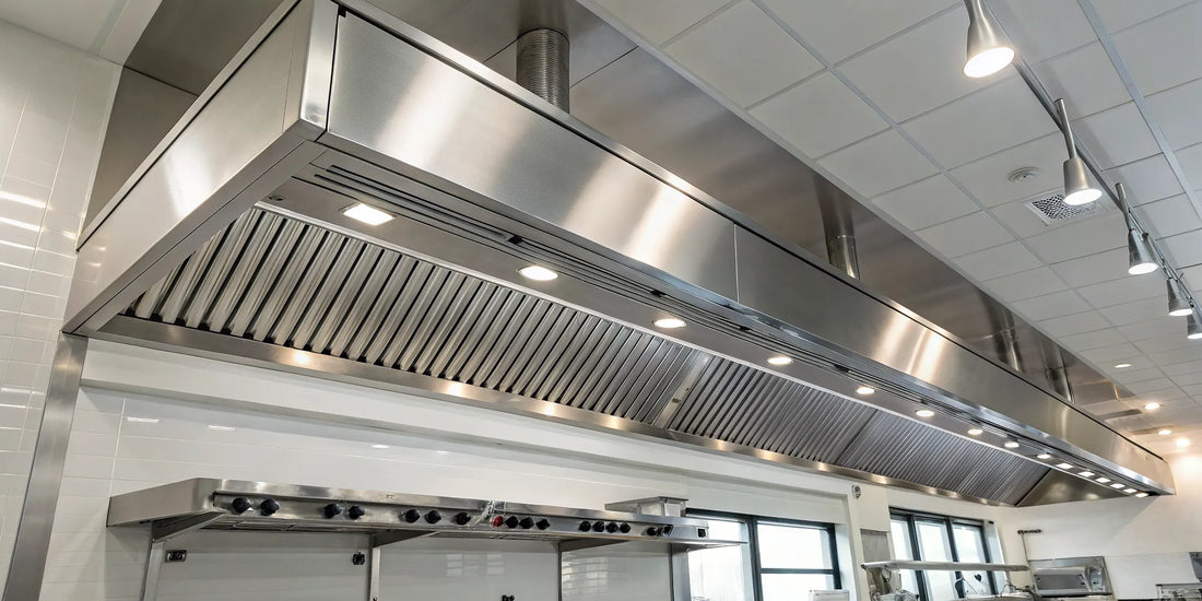 A commercial Type 1 kitchen hood with grease filters installed over a professional cooktop.