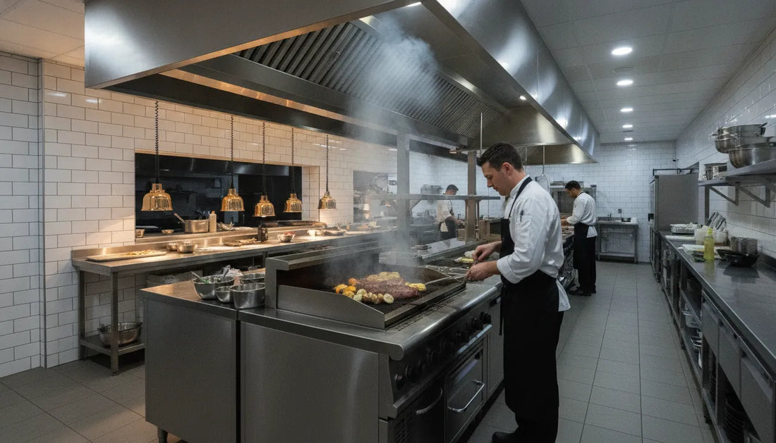 Professional cook working at a stainless steel grill station beneath an overhead commercial kitchen exhaust hood