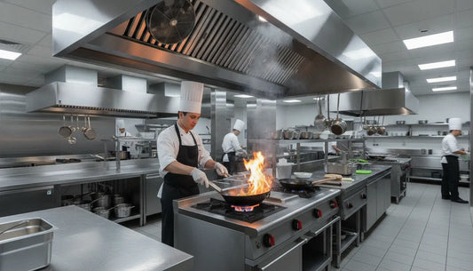Professional chef working beneath a stainless steel Type C commercial kitchen exhaust hood in a modern commercial kitchen
