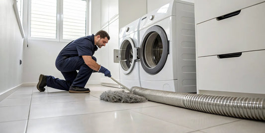 Dryer vent tech cleaning a vent hose behind a dryer for home safety and efficiency.